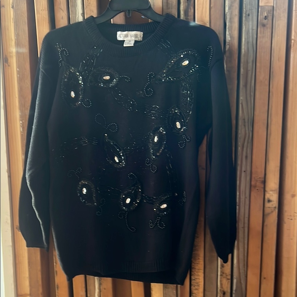 Chico's Black Crew Neck Sweater with Embellishments